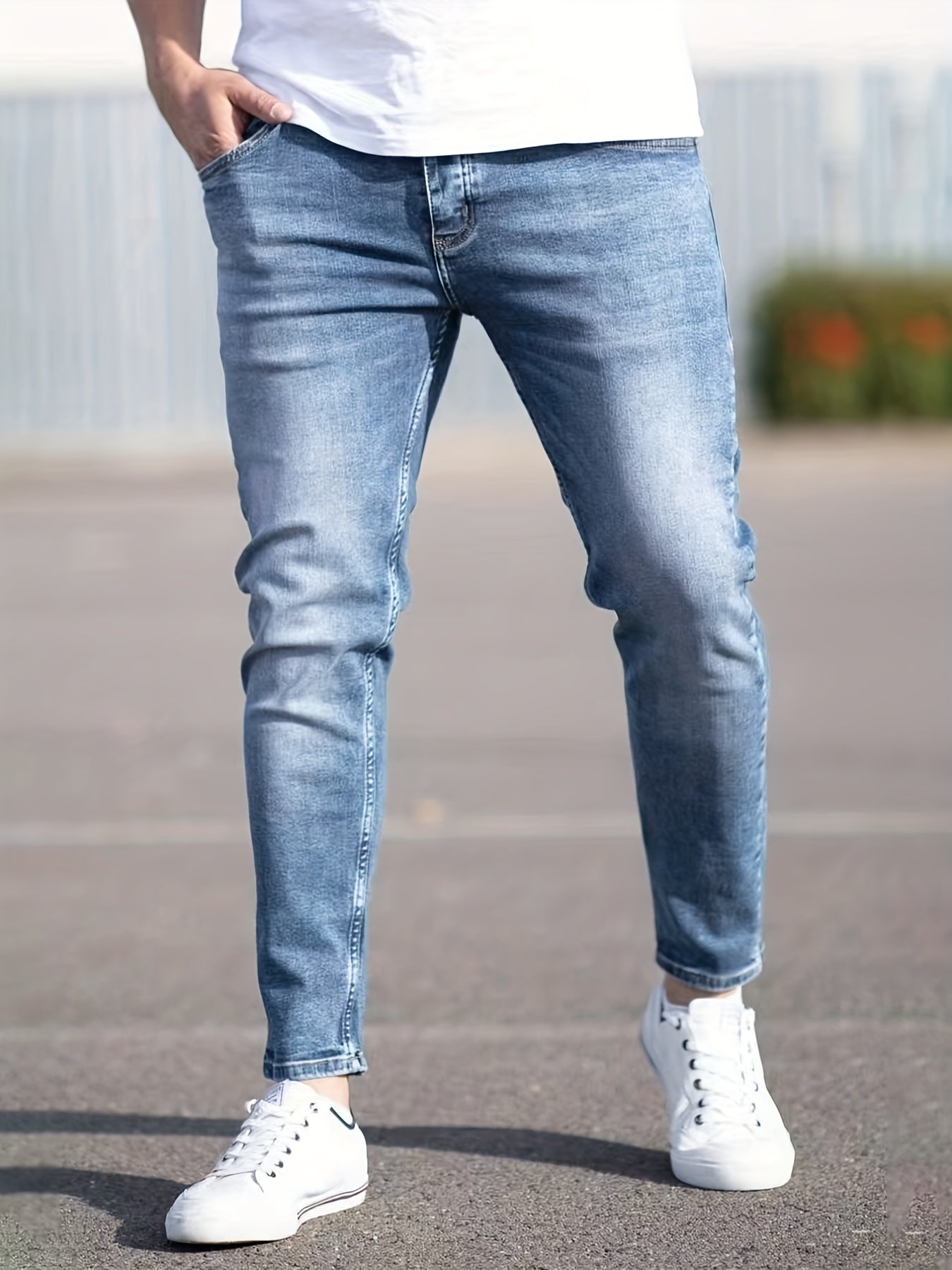 Light Wash Cotton Slim Fit Jeans Men's Casual Street Style