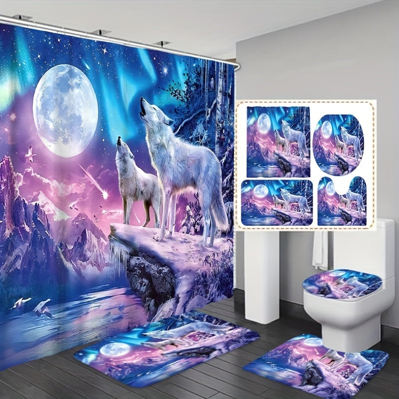 Moon Wolf Shower Curtain Set with 12 Hooks and Toilet Covers