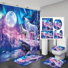 Moon Wolf Shower Curtain Set with 12 Hooks and Toilet Covers