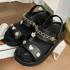 Women's Double Strap Charms Clogs Open Toe Wedge Slide Sandals