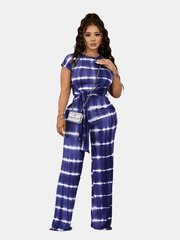 Striped Print Casual Two piece Set Knotted Short Sleeve Tee & High Waist Pants