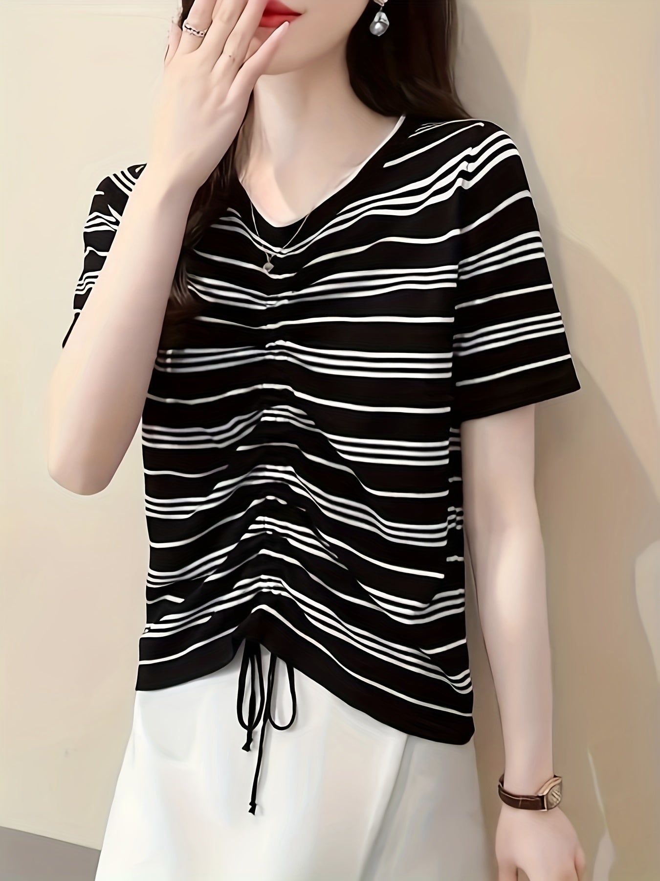 Striped Print Drawstring Knit Sweater Casual Short Sleeve Sweater