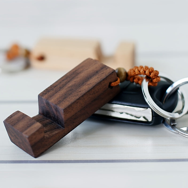 Retro Wood Phone Holder Stand Keychain Car Keyring Ornament Accessory