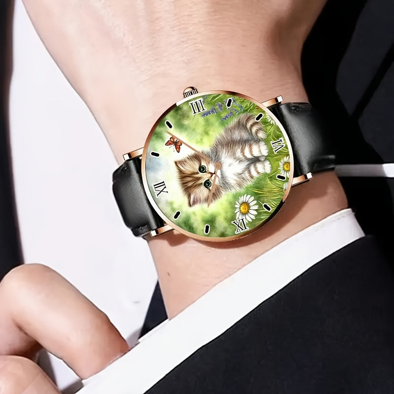 Unisex Kitten on Grass Analog Watch Minimalist Rose Golden Stainless Steel Band