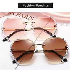 Rimless Sunglasses Rhinestone Gradient Metal Glasses UV400