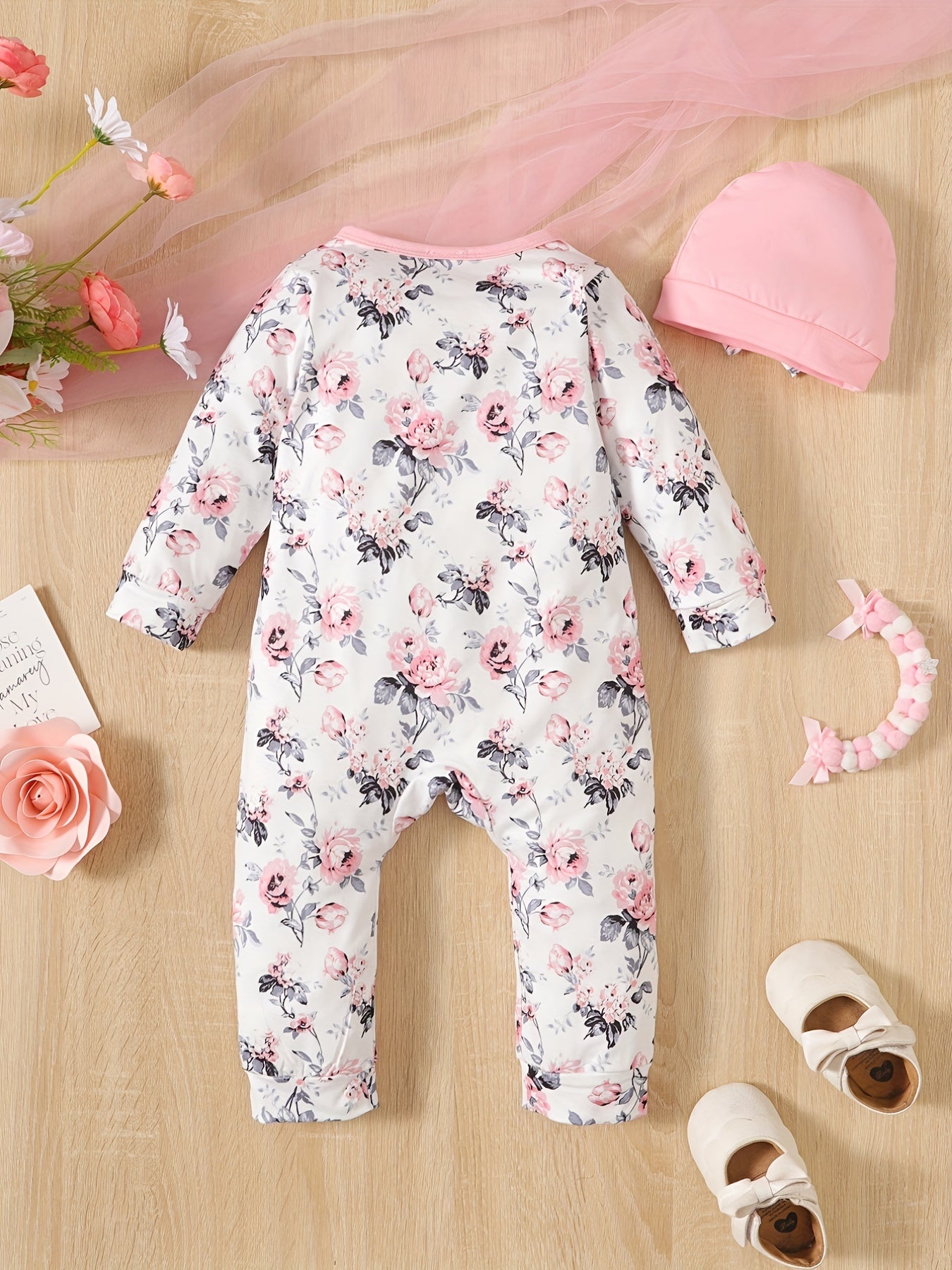 2pcs Baby Girls Floral Print Romper & Hat Set Kids Casual Clothes