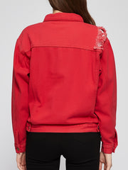 Red Distressed Deco Fit Jacket Red Coat Women's Denim Coat