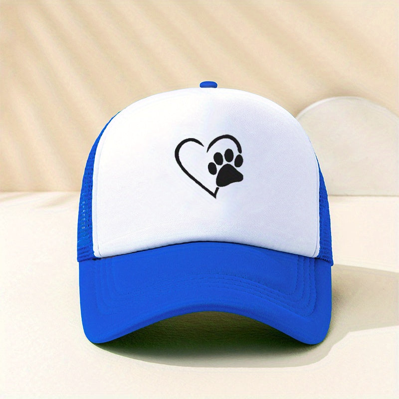 Heart Dog Paw Trucker Hat Printed Mesh Breathable Baseball Cap Unisex