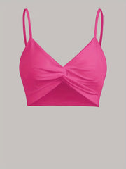 Solid V Neck Bikini Top Twisted High Stretch Spaghetti Straps Beachwear Top