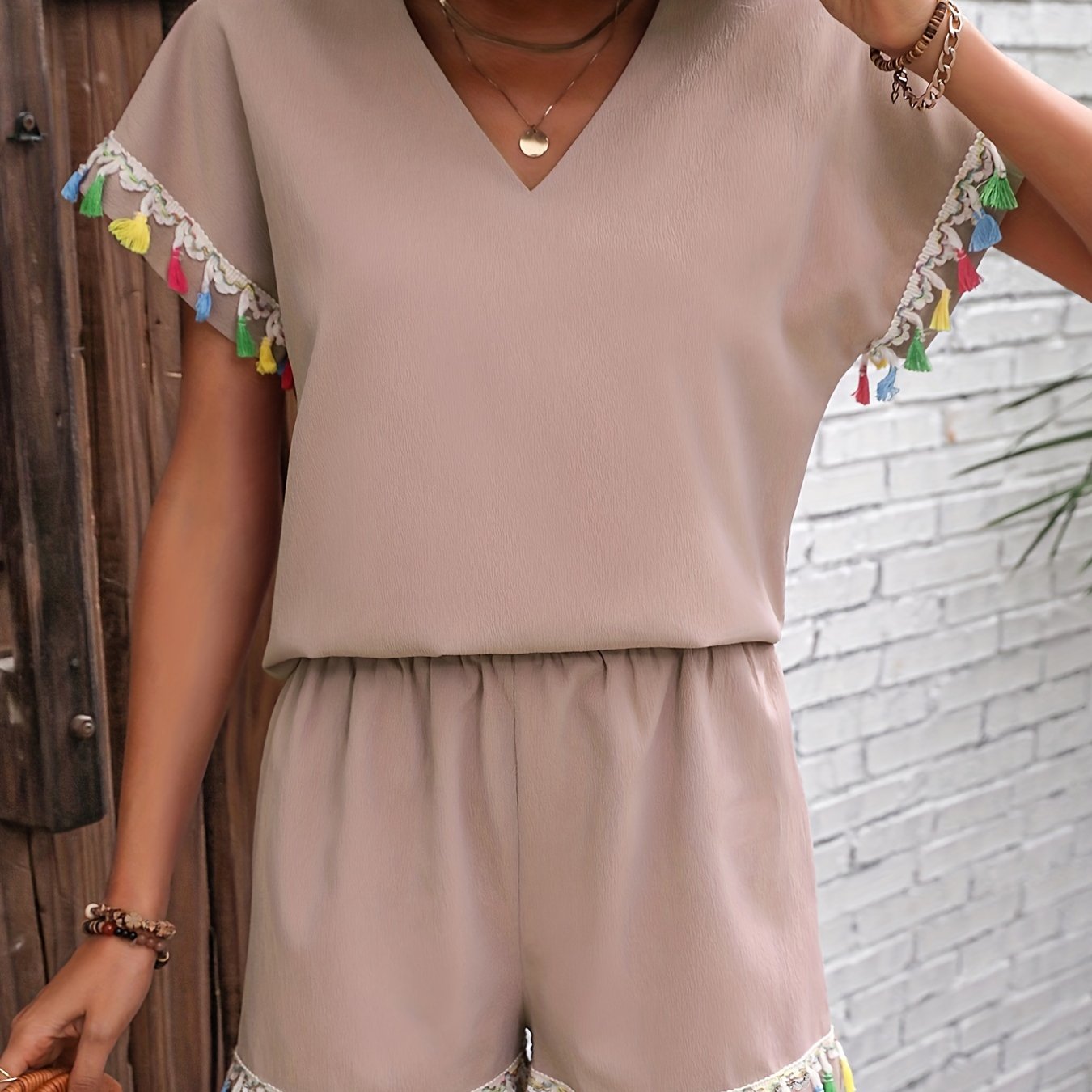 Tassel Trim Two Piece Set V Neck Blouse & Shorts Outfit