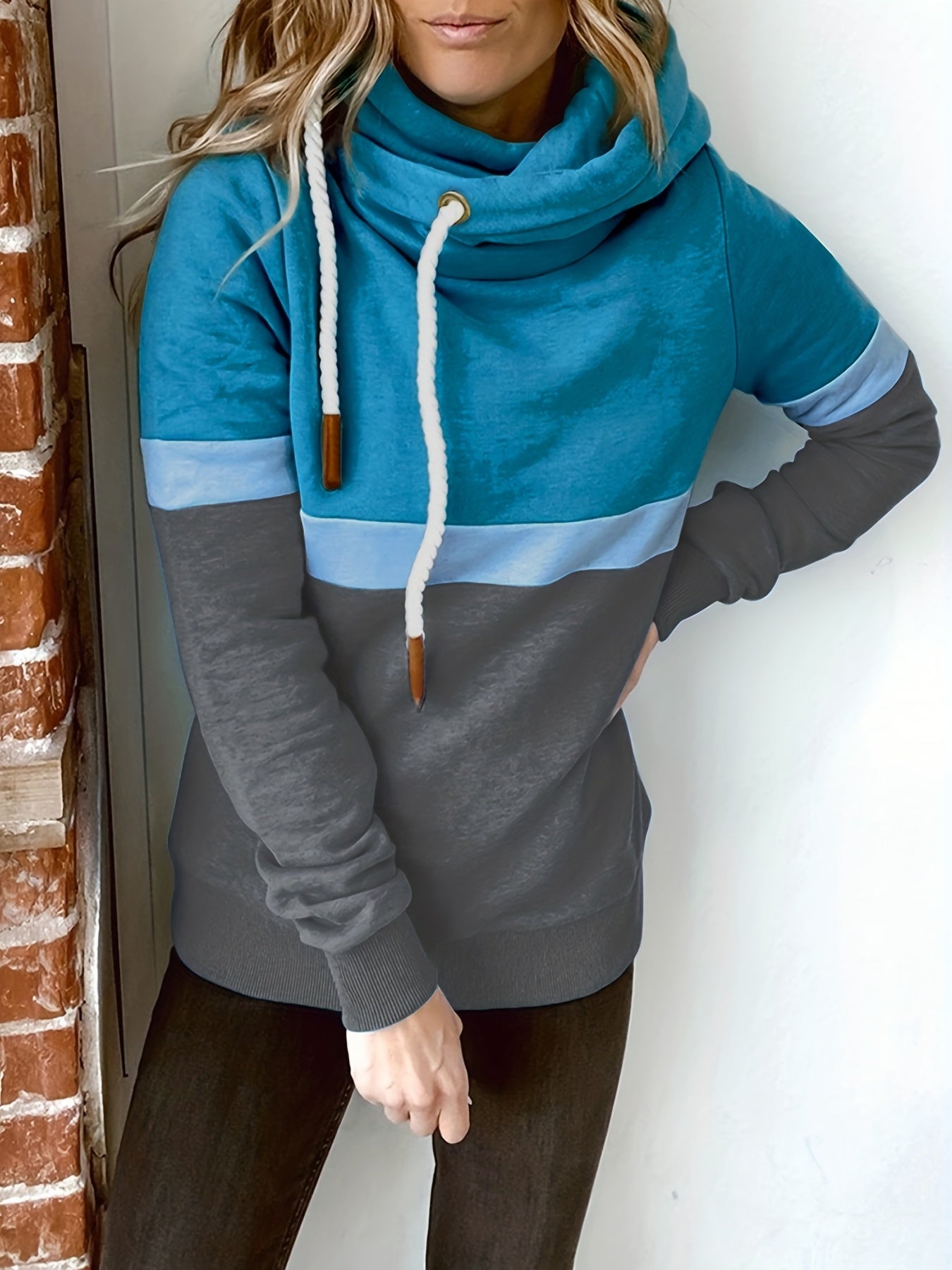 Block Turtle Neck Hoodie Casual Long Sleeve Drawstring Hoodies