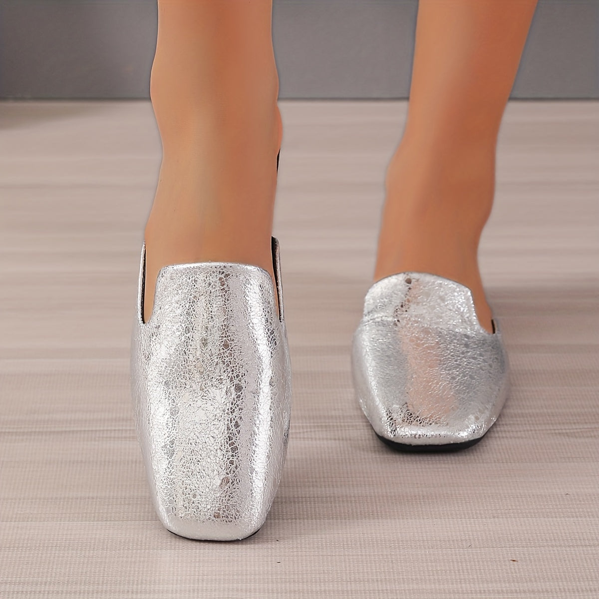 Women's Silver Faux Leather Mules Square Toe Slip On Outdoor Shoes