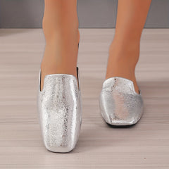Women's Silver Faux Leather Mules Square Toe Slip On Outdoor Shoes