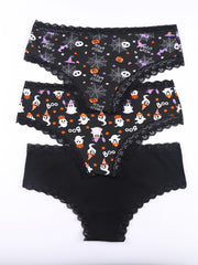 6 Pack Plus Size Christmas & Halloween Cartoon Print Lace Trim Briefs Set