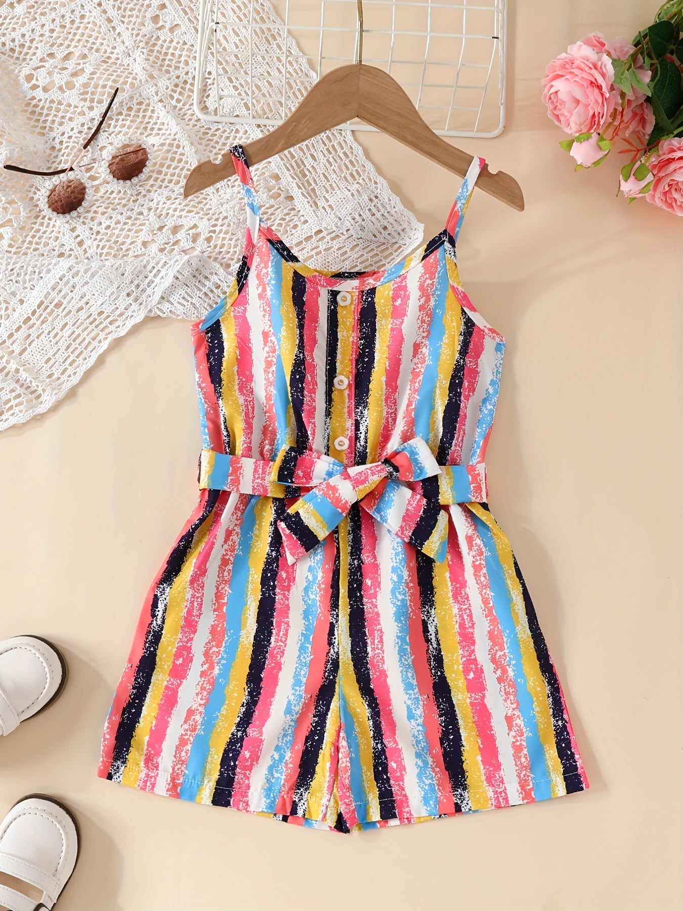 Toddler Girls Stripe Graphic Belted Cami Rompers Jumpsuits