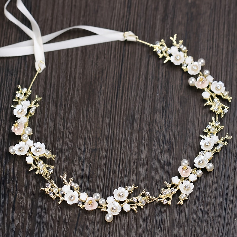 Flower Pearl Headband Daisy Headpiece With Ribbon Hair Band