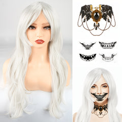 Women's Halloween Long Curly Wig with Necklaces & Skull Stickers