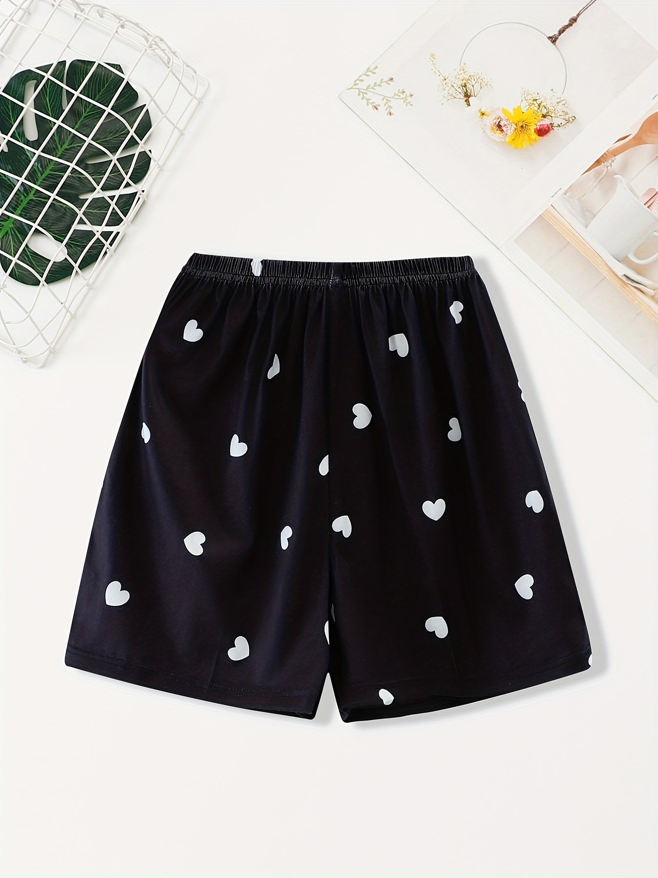 Heart Print Sleep Bottoms Soft & Comfy Elastic Waistband Shorts Women's