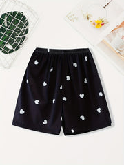 Heart Print Sleep Bottoms Soft & Comfy Elastic Waistband Shorts Women's