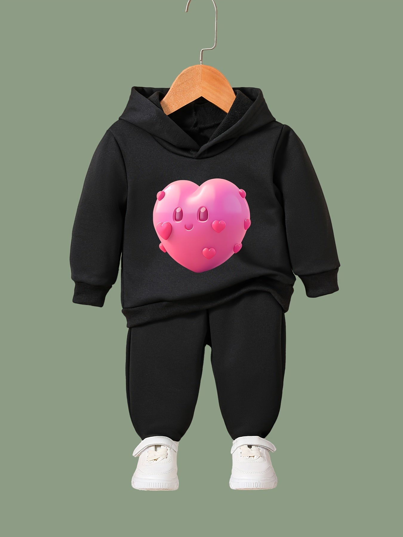 2pcs Heart Graphic Hoodies Pants Set Girls