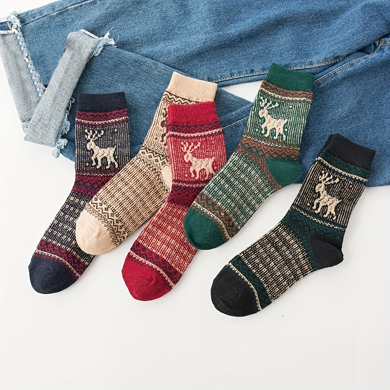 5 Pairs Elk Print Socks Comfy & Warm Mid Tube Socks Women's Stockings