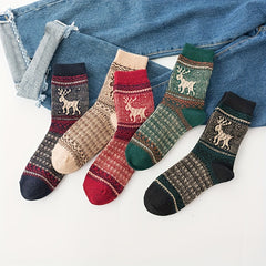 5 Pairs Elk Print Socks Comfy & Warm Mid Tube Socks Women's Stockings