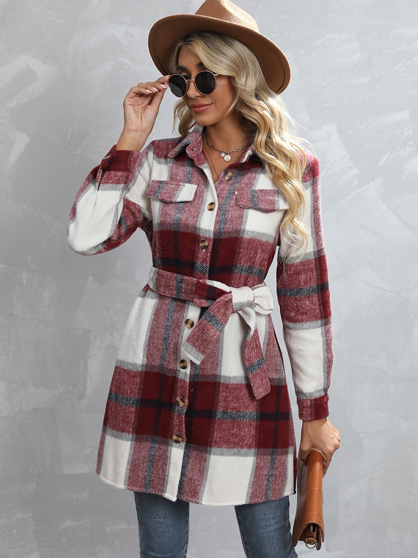Button Plaid Tie Waist Jacket for Fall & Winter