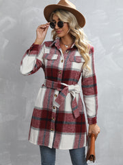 Button Plaid Tie Waist Jacket for Fall & Winter