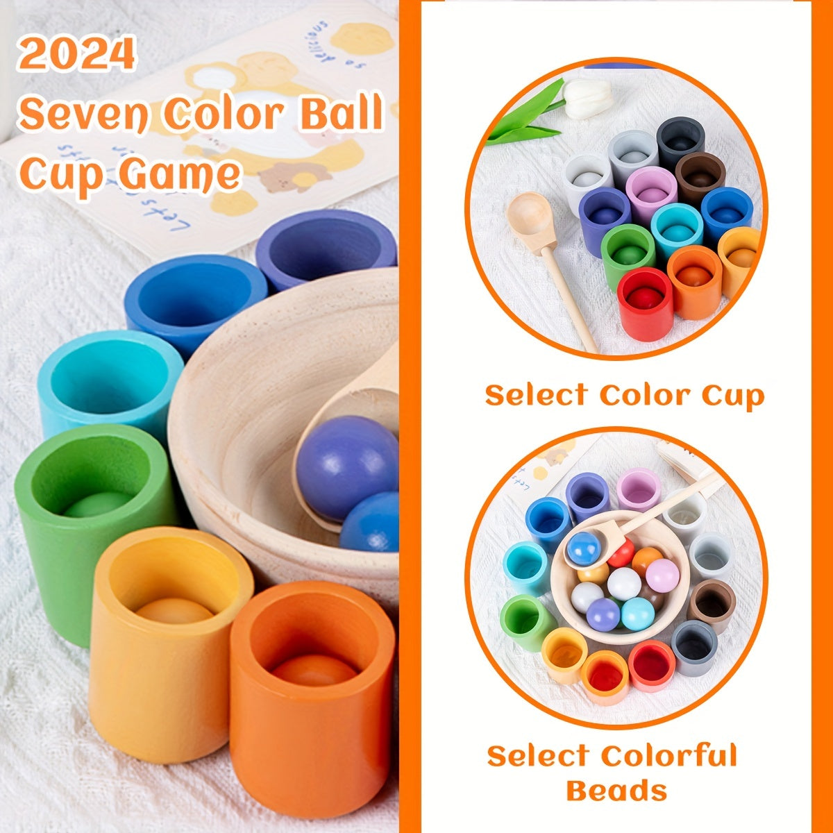 Wooden Rainbow Ball and Cup Sorting Game for Ages 3