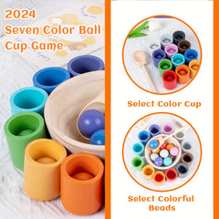 Wooden Rainbow Ball and Cup Sorting Game for Ages 3