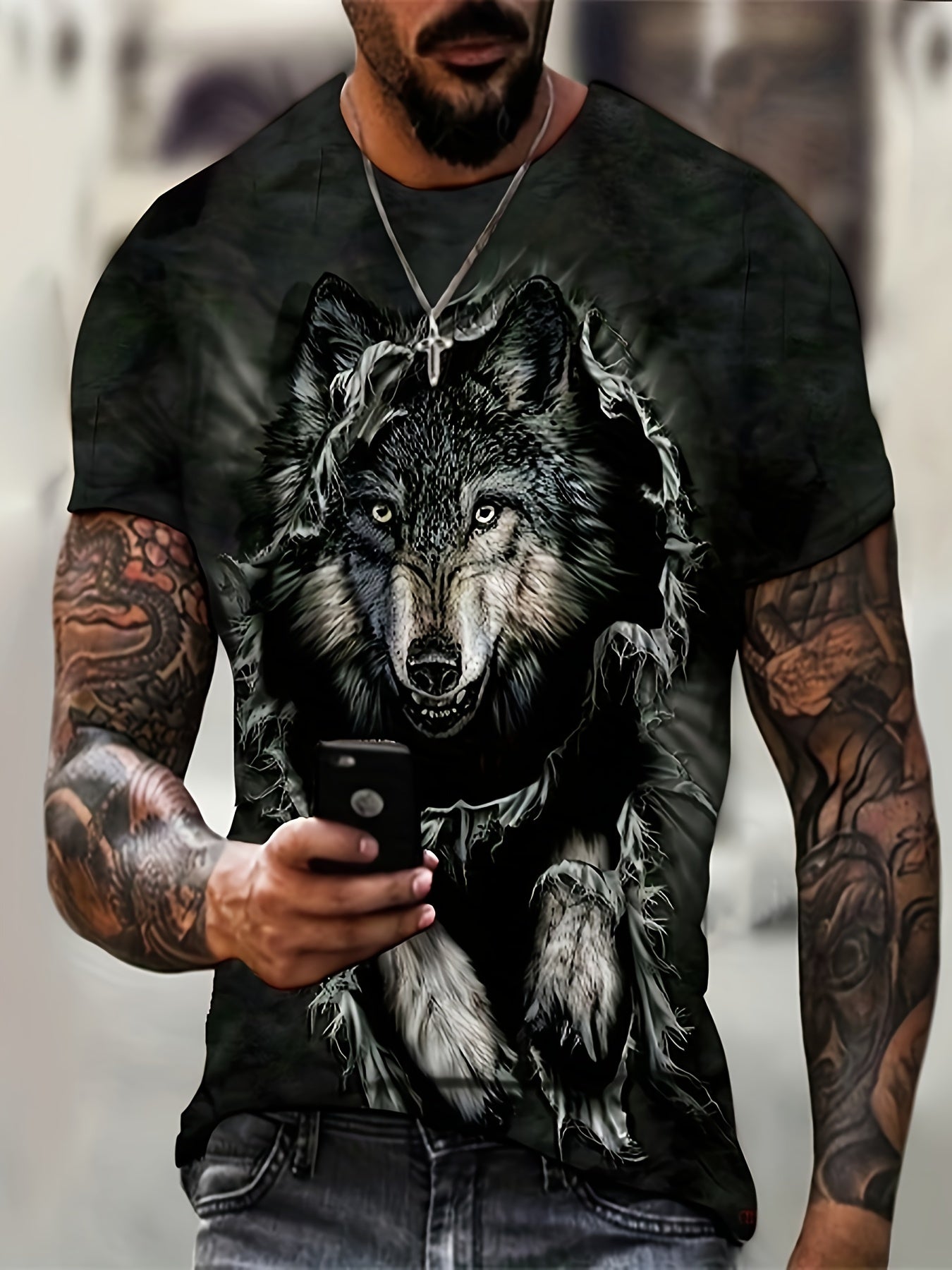 Men's Wolf Pattern Sports T-shirt Round Neck Tee Shirt