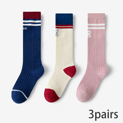 5 Pairs Girls Kids Knee High Calf Socks, Letters Print Striped, Spring Autumn