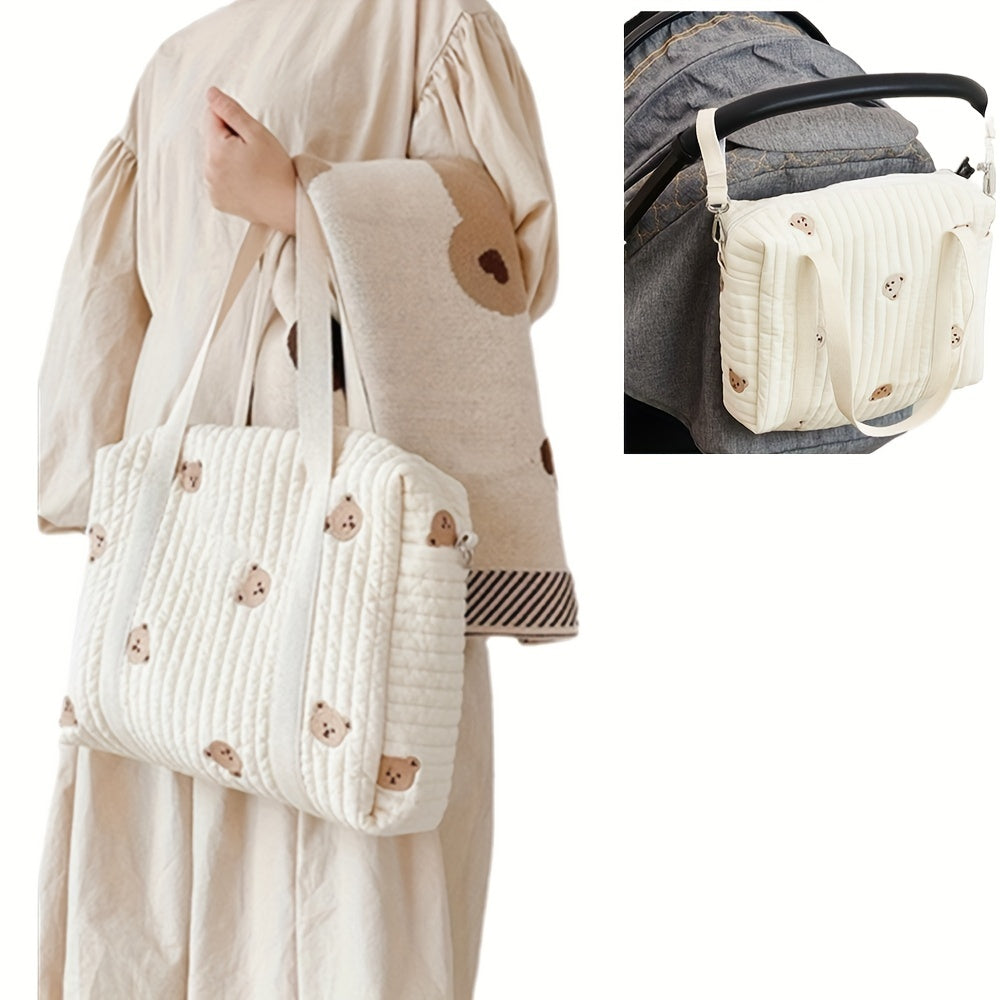 Bear Baby Stroller Bag Beige Cotton Zipper Diaper Handbag