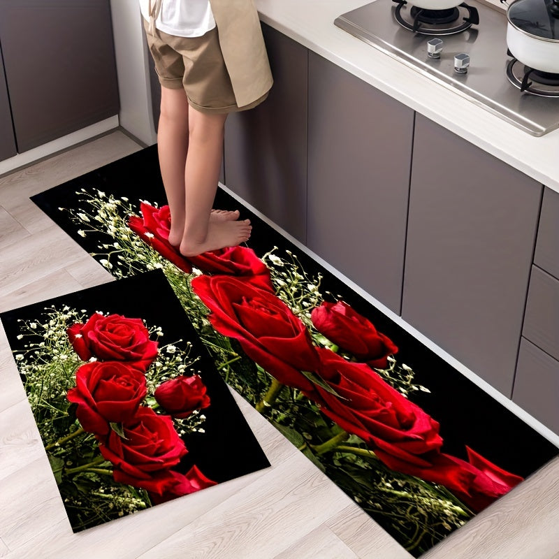 Soft Kitchen Rug Anti Fatigue Rose Flowers Waterproof Non Slip Runner Rug