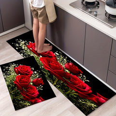 Soft Kitchen Rug Anti Fatigue Rose Flowers Waterproof Non Slip Runner Rug