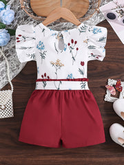 Girls Ruffled Sleeve Flower T-Shirt & Belted Shorts Set Summer Clothes