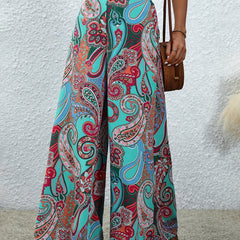 Paisley Print Wide Leg Pants Elastic Waist Casual Pants