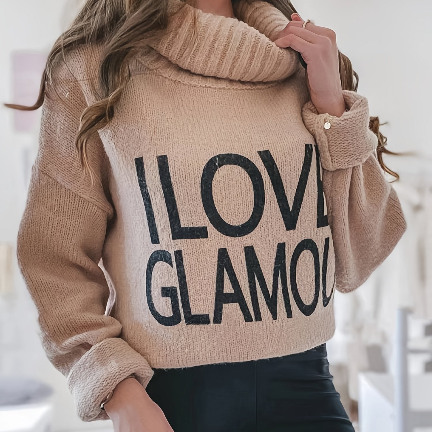 Casual Sweater Women's Plus Slogan Print Turtle Neck
