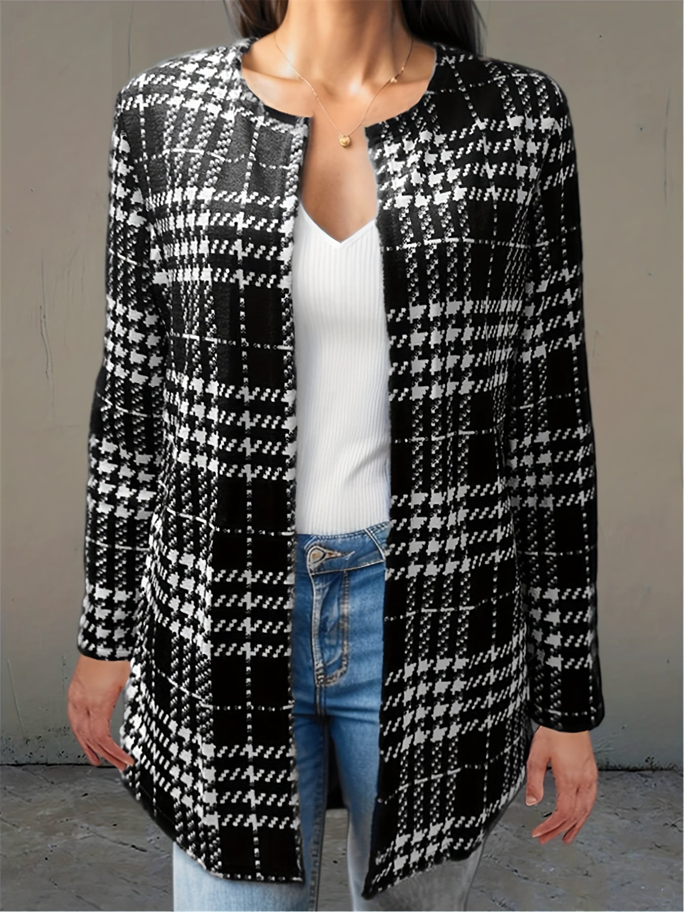 Plaid Print Crew Neck Jacket for Women