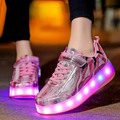 Girl's LED Light Up Roller Shoes With Hook And Loop Fastener