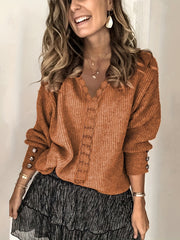V-Neck Crochet Panel Sweater, Slight Stretch
