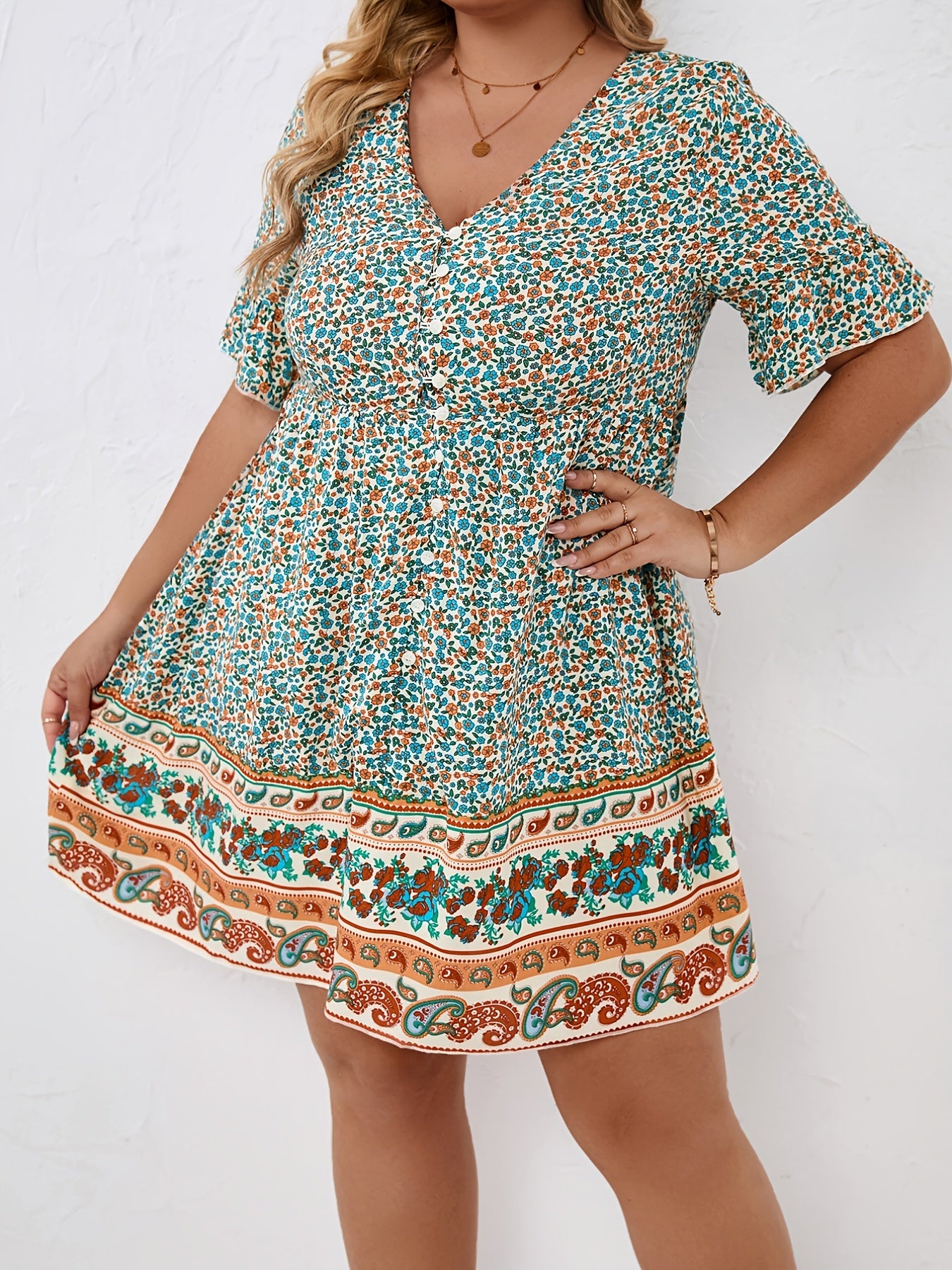 Floral & Paisley Print Short Sleeve Mini Dress Women's Plus V Neck Casual Dress