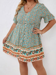 Floral & Paisley Print Short Sleeve Mini Dress Women's Plus V Neck Casual Dress