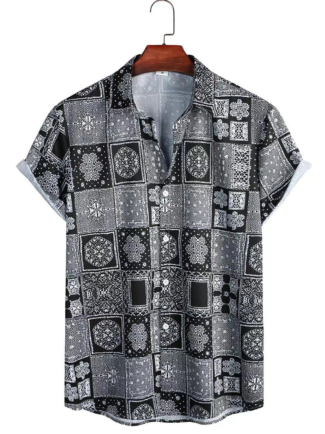 Vintage Geo Print Men Crop Collar Blouse