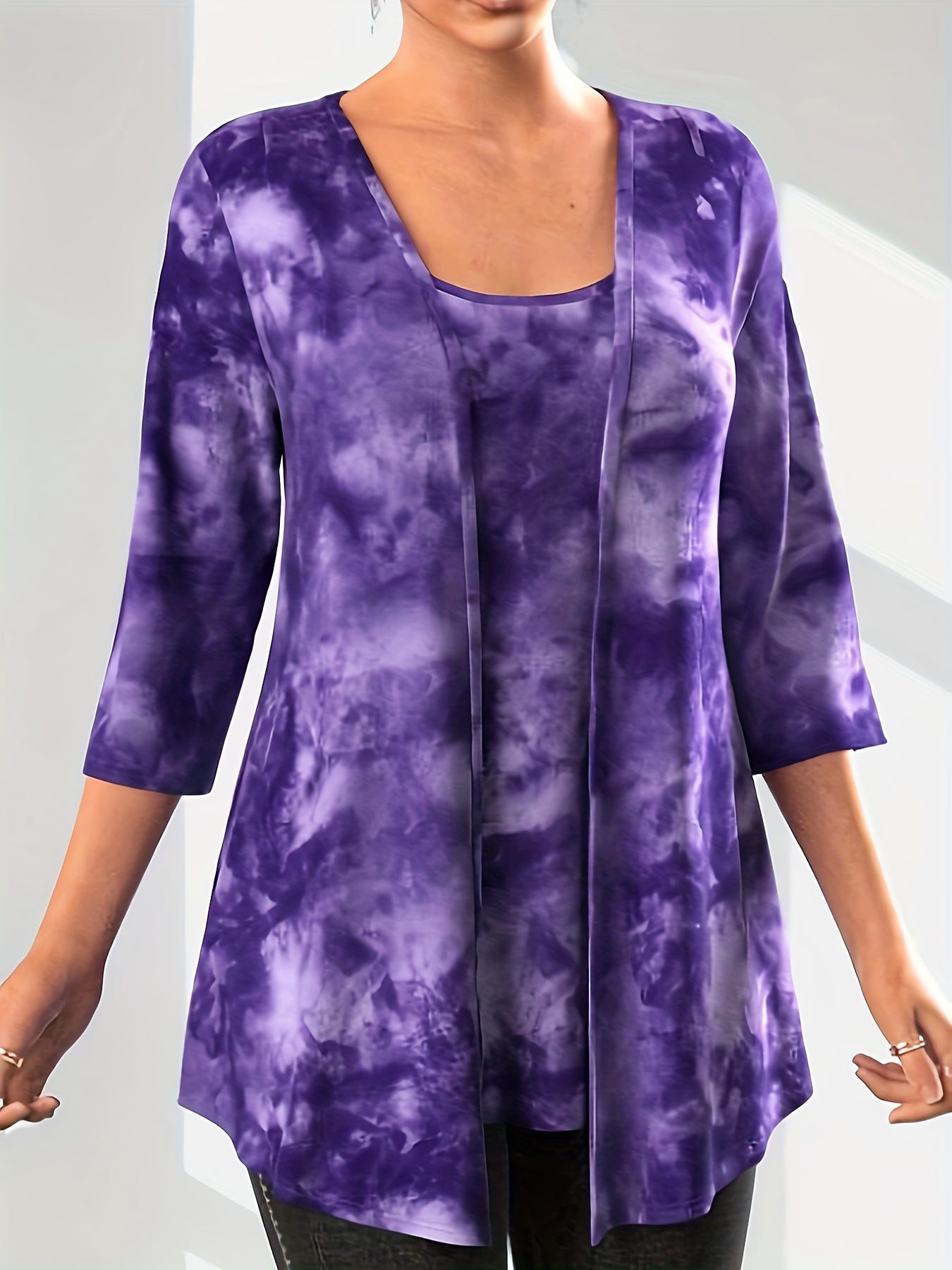 Plus Tie Dye Top & Cardigan Set Women's Plus Size Casual Outfits