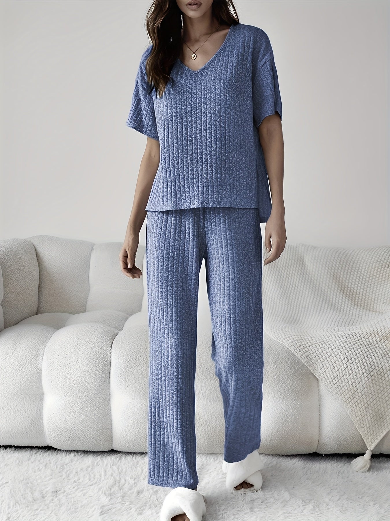 Ribbed Lounge Set Short Sleeve Top & Pants Women's Loungewear
