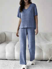 Ribbed Lounge Set Short Sleeve Top & Pants Women's Loungewear