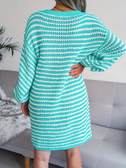 Stripe Print Lantern Sleeve V Neck Midi Dress