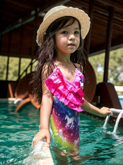 Girls Stretchy Frill Trim Cross Back Swimwear Bathing Suit