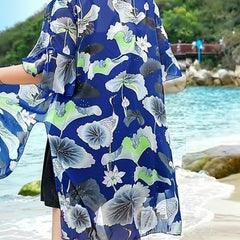 Women's Lotus Floral Leaf Print Sun Protection Cardigan Cover Up